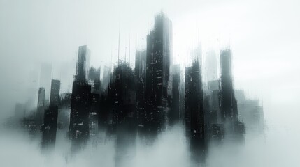 Fototapeta premium Foggy city skyline, dark skyscrapers, digital art.