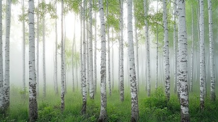 Obraz premium Serene Misty Forest with Birch Trees at Dawn