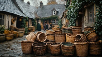 Many woven baskets in a quaint village.