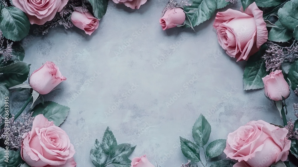 Aufkleber Pink roses arranged in a frame on a gray background, leaving empty space in the center.