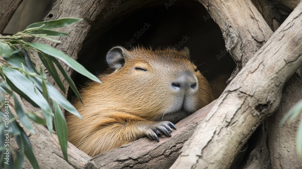Aufkleber a capybara naps peacefully nestled within a log enclosure, its eyes closed and paws resting on the w
