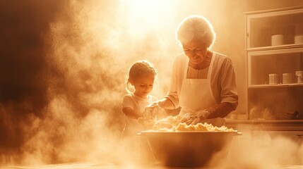 Family Baking Tradition, Grandmother teaches child to mix batter while mother watches lovingly, warm atmosphere, cherished moments shared