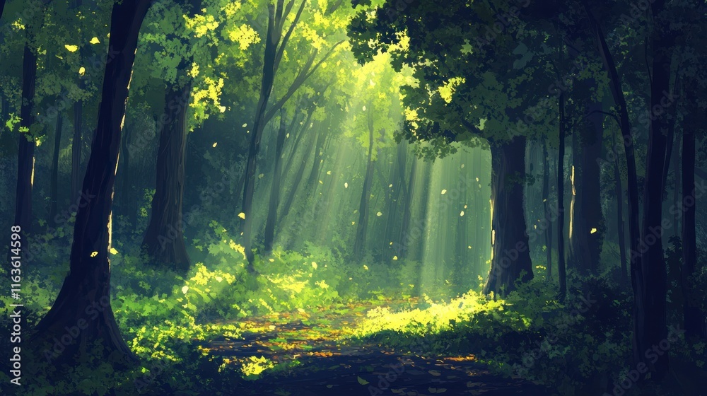 Poster Sunbeams illuminate a path through a lush green forest, creating a magical atmosphere.