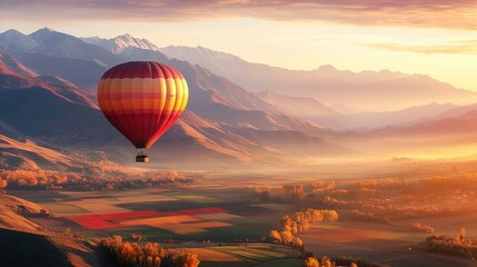 Obraz premium Colorful Hot Air Balloons Soaring Above a Vibrant Valley at Sunrise with Lush Farmland Below