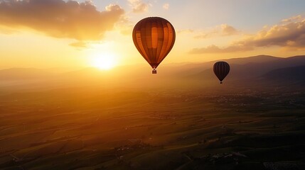 Fototapeta premium Vibrant Hot Air Balloons Soaring Above Lush Green Valleys at Sunrise