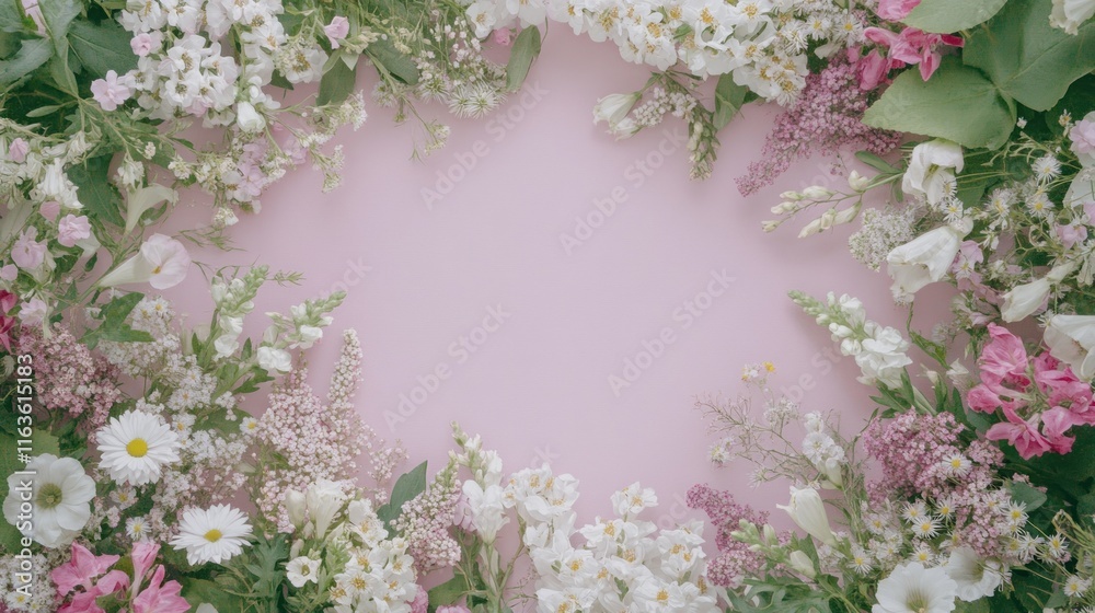 Aufkleber Pastel pink background adorned with a vibrant circular frame of assorted spring flowers.
