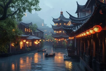 Rainy Night in a Picturesque Chinese Water Town