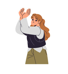 Happy girl hands up, clapping to show support. Young woman rejoices, celebrates win. Employee applauding, greeting, congratulate with success by applause. Flat isolated vector illustration on white