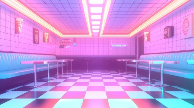 Retro Diner Neon Dreamscape: A 50s Style Diner bathed in vibrant neon lighting, checkered floors, turquoise booths, and retro signage.