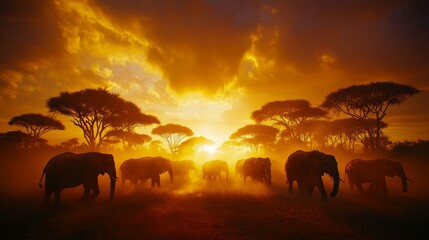 Fototapeta premium Elephant Herd Silhouette in Golden African Sunset, Wildlife Photography, Majestic Animals in Nature