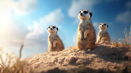 Fototapeta premium Playful Meerkats on Desert Mound, Energetic interaction among a lively group, showcasing their social behavior in a vibrant landscape