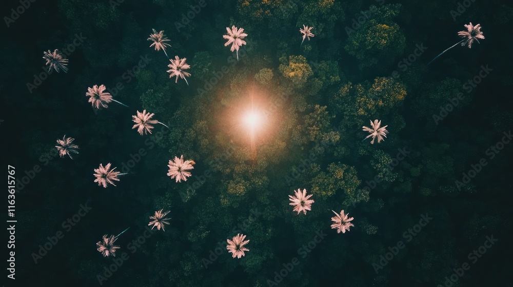 Aufkleber Aerial view of palm trees surrounding a bright light source in a lush forest.