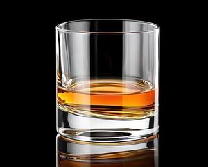 A crystal glass filled with amber liquid, reflecting light, set against a dark background.