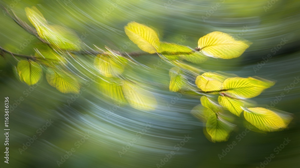 Aufkleber abstract image of a tree branch with young, bright green leaves, blurred background suggesting movem