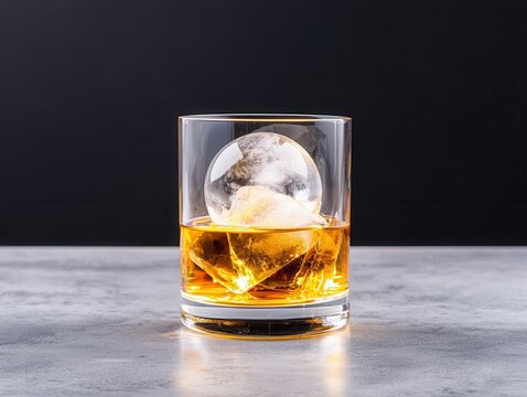 A close-up of a whiskey glass featuring a large, spherical ice cube, set against a dark background, emphasizing the drink's amber color.