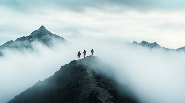 Misty Mountain Trail, hikers navigating a rugged ridge surrounded by towering peaks and enveloping mist, a breathtaking outdoor adventure.