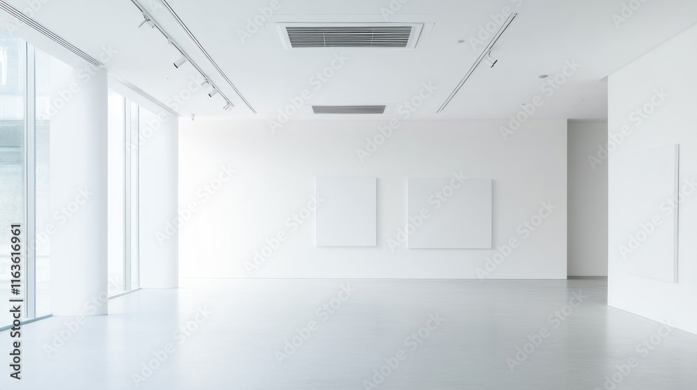 Poster minimalist white gallery space with blank canvases on wall and large windows