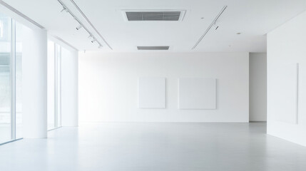Minimalist white gallery space with blank canvases on wall and large windows