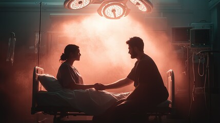 Nurturing Care in a Hospital Room, compassionate nurse comforting anxious patient with a warm smile and supportive touch