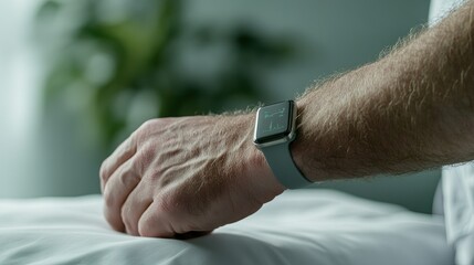 Fototapeta premium Remote health consultation, patient with health monitor wristband engaging with doctor online, innovative digital healthcare solution