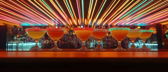 Five cocktails on a bar with colorful lights.