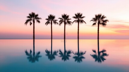 Obraz premium Getaway vacation idea. Serene sunset over palm trees reflecting in tranquil water creates a peaceful atmosphere.