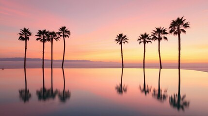Obraz premium Getaway vacation idea. Tranquil sunset over silhouetted palm trees reflecting in calm water.