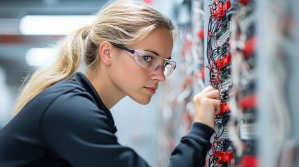 Professional woman monitoring server performance in a secure data room, emphasizing IT maintenance and cutting-edge technology