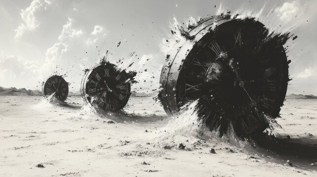 Exploding clocks in desolate, sandy landscape.
