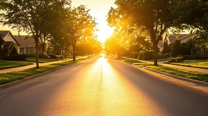 Fototapeta premium Tranquil Suburban Retreat, peaceful tree-lined streets, charming homes, serene atmosphere, ideal for family living and relaxation