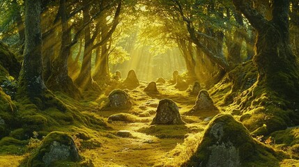 Obraz premium Mystical serene idea. Sunlight filters through an enchanted forest, illuminating moss-covered stones and trees.