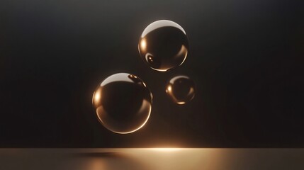 Obraz premium Three glossy spheres suspended in mid-air, casting soft, warm reflections on a smooth surface.