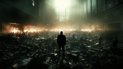 Fototapeta premium Stock market turmoil, frantic traders, plummeting stocks, panic in the air, financial chaos unfolding, urgent decisions being made