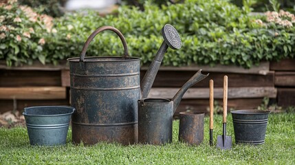 Fototapeta premium A rustic collection of gardening tools, featuring aged metal watering cans and pots, set against a backdrop of lush greenery.