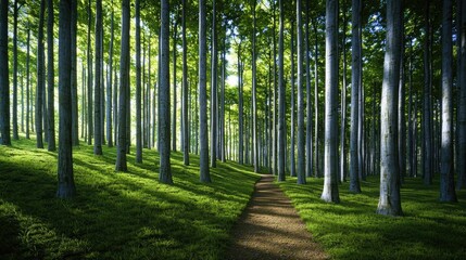 Fototapeta premium Scenery sightseeing concept. A serene forest path surrounded by tall, green trees and lush undergrowth.