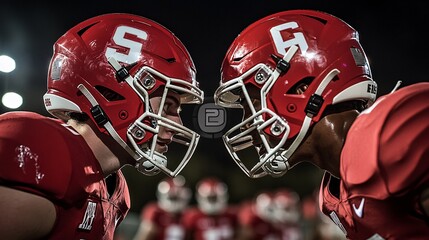 Two male athletes in red football helmets face each other, showcasing intense rivalry on the field.
