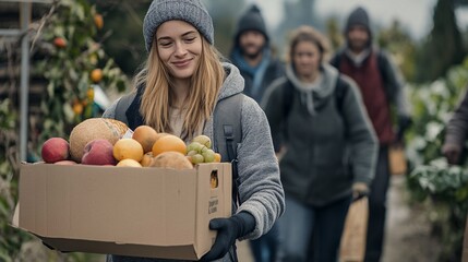 Fototapeta premium A smiling Caucasian woman carries a box of fresh fruits during a community gathering in nature.