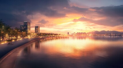 Fototapeta premium Lively riverfront promenade showcasing vibrant culture, bustling nightlife, and scenic waterfront views, perfect for evening strolls and gatherings