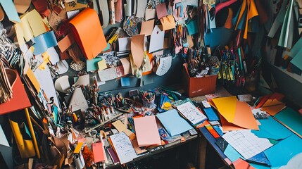Naklejka premium Vibrant creative workspace filled with colorful papers and art supplies, ideal for inspiration.