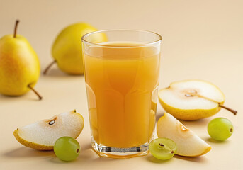 Fototapeta premium Fresh pear juice in glass with fresh fruits on light background, selective focus, blurred background.
