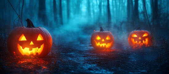Naklejka premium Halloween Jack-o'-lanterns in a mystical forest.