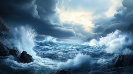 Obraz premium Stormy Coastal Vista, turbulent waves crashing against rugged cliffs, dark clouds swirling overhead, a dramatic interplay of nature's forces