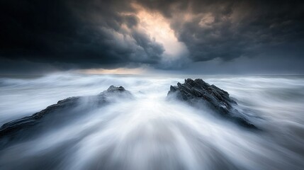 Fototapeta premium Stormy Coastal Vista, turbulent waves crashing against rugged cliffs, dramatic skies enhancing the wild beauty of nature's fury