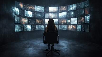 Woman overseeing advanced security operations in a high-tech server room, managing complex data systems, ensuring cybersecurity integrity.