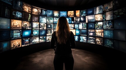 Woman overseeing advanced technology systems in a high-security server room, multiple screens displaying critical data infrastructure
