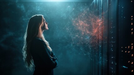 Fototapeta premium Woman analyzing server metrics in dimly lit data center, dedicated to optimizing IT performance and enhancing security measures
