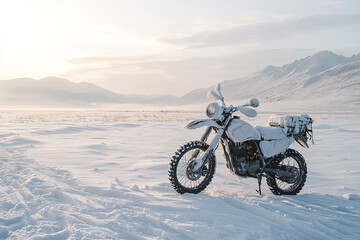 Obraz premium close-up frozen motorcycle parked in snowy field, with mountains in the background, pale winter sunlight