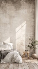 Cozy bedroom with a neutral palette, featuring a plush bed, natural light, and stylish decor.