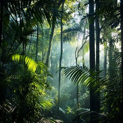 Naklejka premium Sunlit Rainforest Canopy: Mystical Lush Greenery