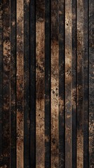 Fototapeta premium Textured abstract wall with vertical metal slats in shades of black and gold.